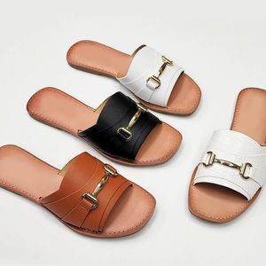 SODA Gold Bar Black Slide Sandals Slip On Boutique Womens Size 5.5 NEW NWT